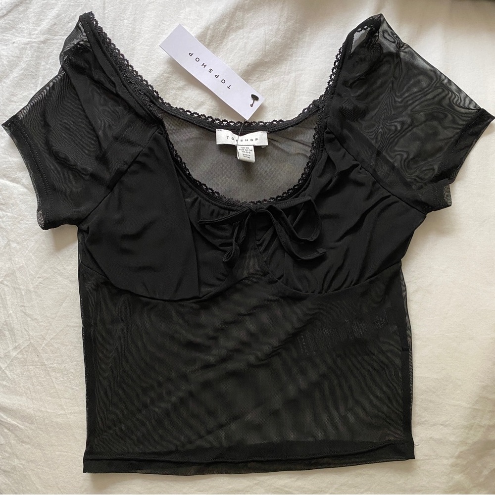 NWT Topshop ASOS Black Sheer Mesh Lace Short Sleeve Top ‘90s Style - XS